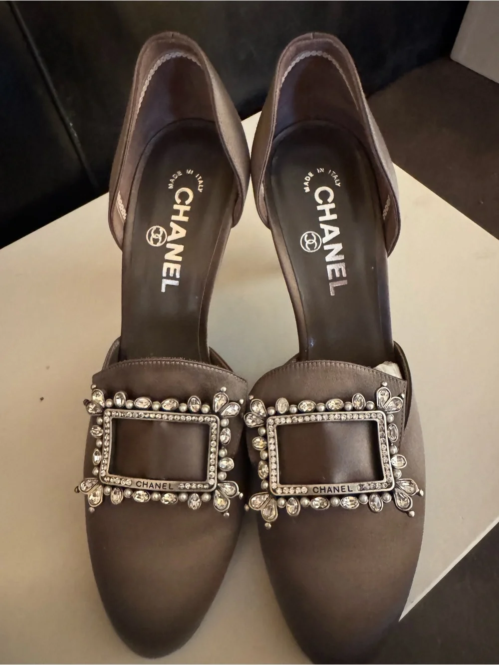 CHANEL gray Satin D'Orsay Pumps with Swarovski Jeweled Buckle